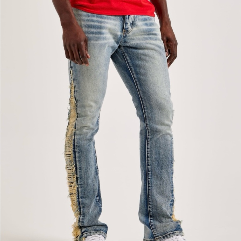 MNML Men's Distressed Flared Blue Jeans
